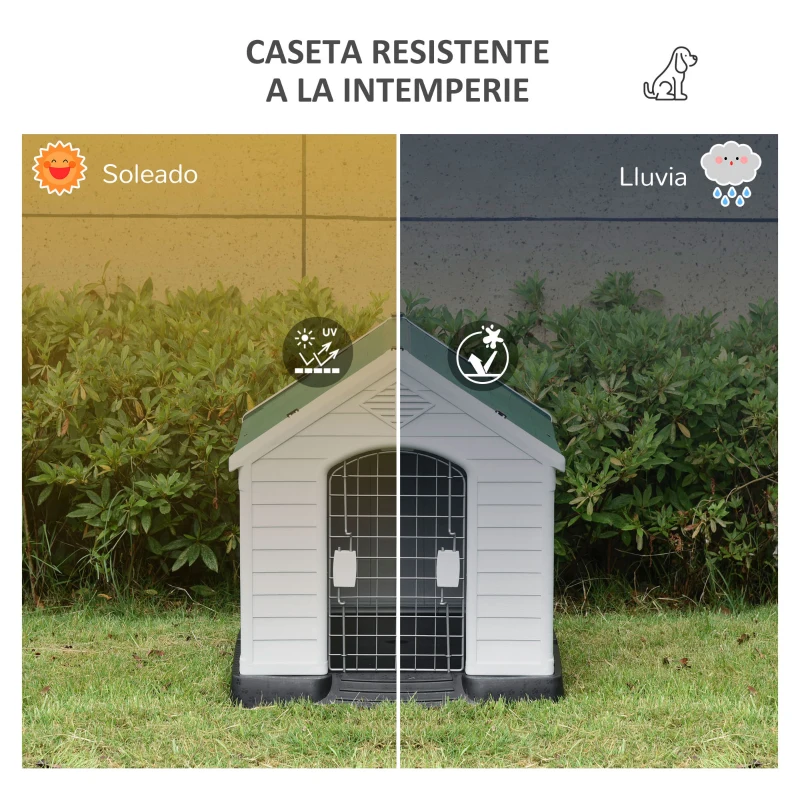 PawHut Caseta de Perro Casa para Perros Medianos con Puerta Metálica con Cerradura Techo Inclinado Base Elevada para Interior Exterior 78x87x81 cm Blanco y Verde