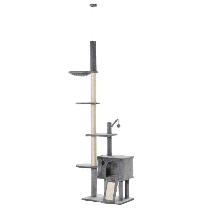 PawHut Árbol Rascador para Gatos Rascador de Gatos Barato Rascador para Fijar al Techo Altura Ajustable 238-270 cm con Hamaca Cueva Rampa Bola de Juego Gris Claro