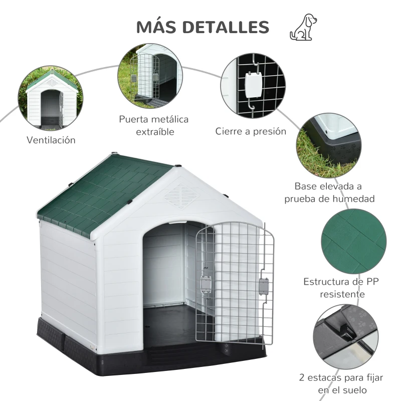 PawHut Caseta de Perro Casa para Perros Medianos con Puerta Metálica con Cerradura Techo Inclinado Base Elevada para Interior Exterior 78x87x81 cm Blanco y Verde