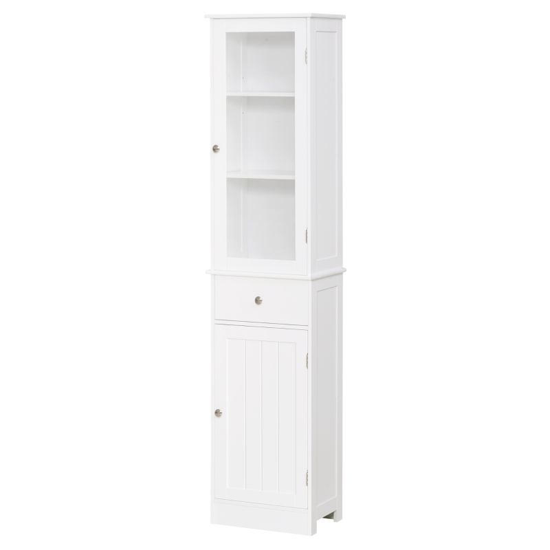 kleankin Armario Alto para Baño Mueble Auxiliar de Baño de Estilo Moderno con 2 Puertas Estantes Ajustables y 1 Cajón 40x27x171,5 cm Blanco