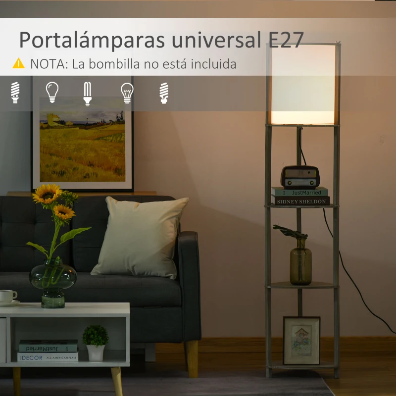 HOMCOM Lámpara de Pie de Madera con 3 Estantes Pantalla PVC Interruptor de Pie Estilo Moderno para Dormitorio Sala de Estar Salón Estudio 32x32x150 cm Roble Gris y Blanco