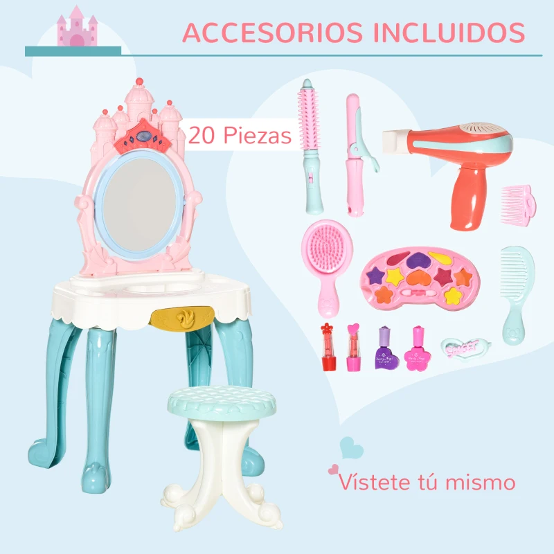 HOMCOM Tocador de Juguete con Taburete Espejo con Luz Música y Secador Incluye 20 Accesorios Tocador de Maquillaje para Niñas de +3 Años 41x27x82 cm Multicolor
