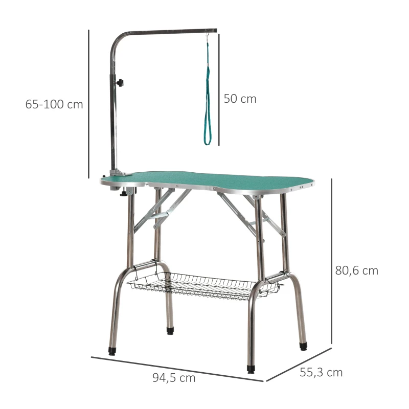 PawHut Mesa de Aseo para Mascotas Plegable Mesa Peluquería Canina Altura Ajustable Forma de Hueso con Cesta Caucho Acero 94,5x55,3x80,6 cm Verde