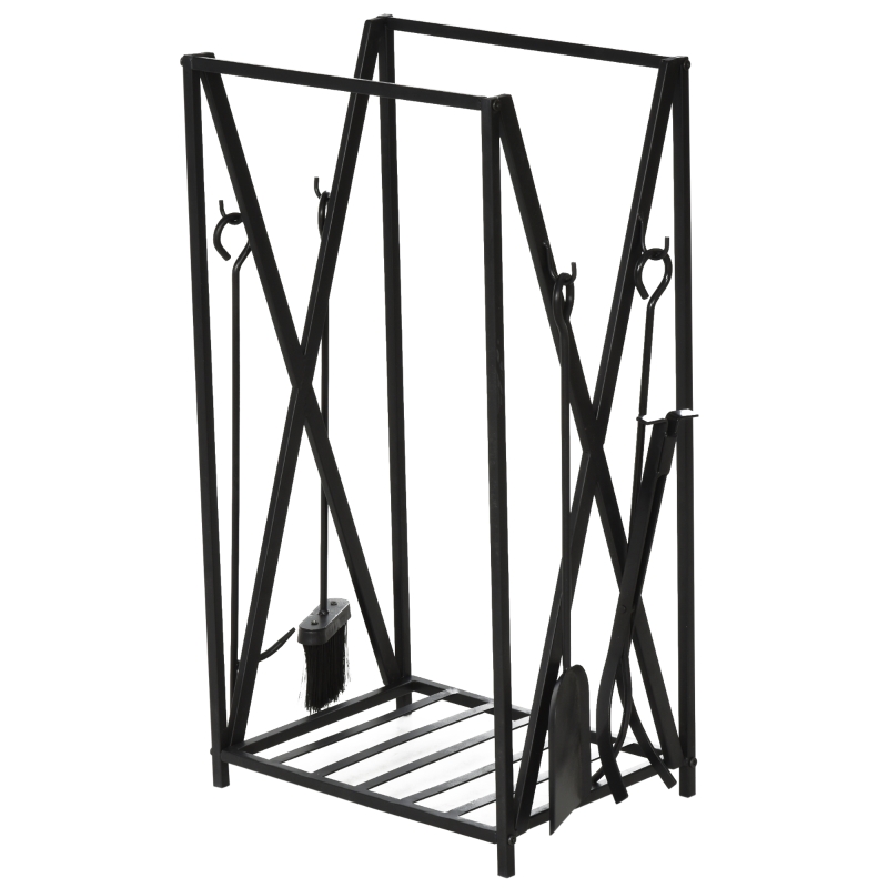 HOMCOM Estante Porta Leña para Chimenea con 4 Herramientas Incluidas Marco de Acero Estable Carga 100 kg 46x30x76 cm Negro