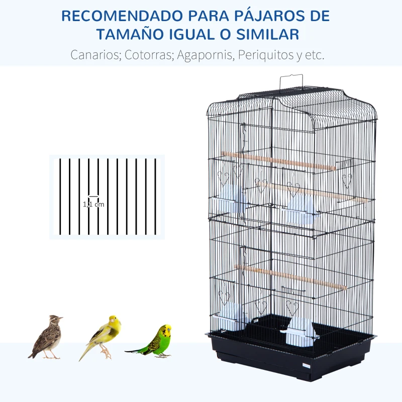 PawHut Jaula para Pájaros Pajarera con 2 Puertas 4 Comederos y 3 Perchas Columpio Asa de Transporte para Loro Canario Periquito Marco Metálico 47,5x36x91 cm Negro