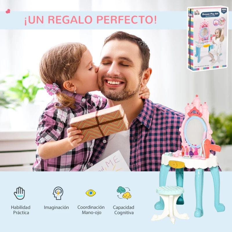 HOMCOM Tocador de Juguete con Taburete Espejo con Luz Música y Secador Incluye 20 Accesorios Tocador de Maquillaje para Niñas de +3 Años 41x27x82 cm Multicolor