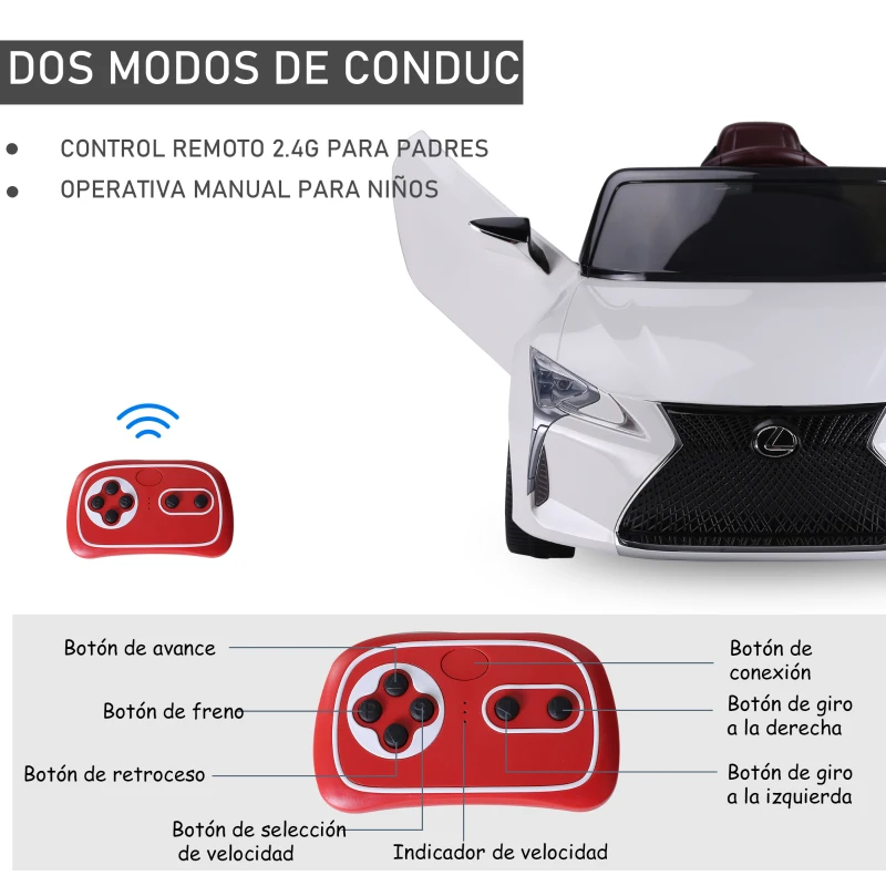 HOMCOM Coche Eléctrico para Niños +3 Años Automóvil LEXUS LC500 Control Remoto y Manual con Música Bocina y Faros Soporta Máx.30 kg 106x63x44cm Blanco