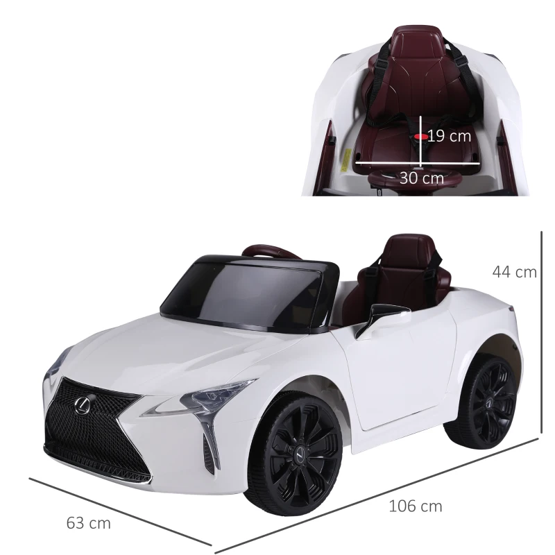 HOMCOM Coche Eléctrico para Niños +3 Años Automóvil LEXUS LC500 Control Remoto y Manual con Música Bocina y Faros Soporta Máx.30 kg 106x63x44cm Blanco