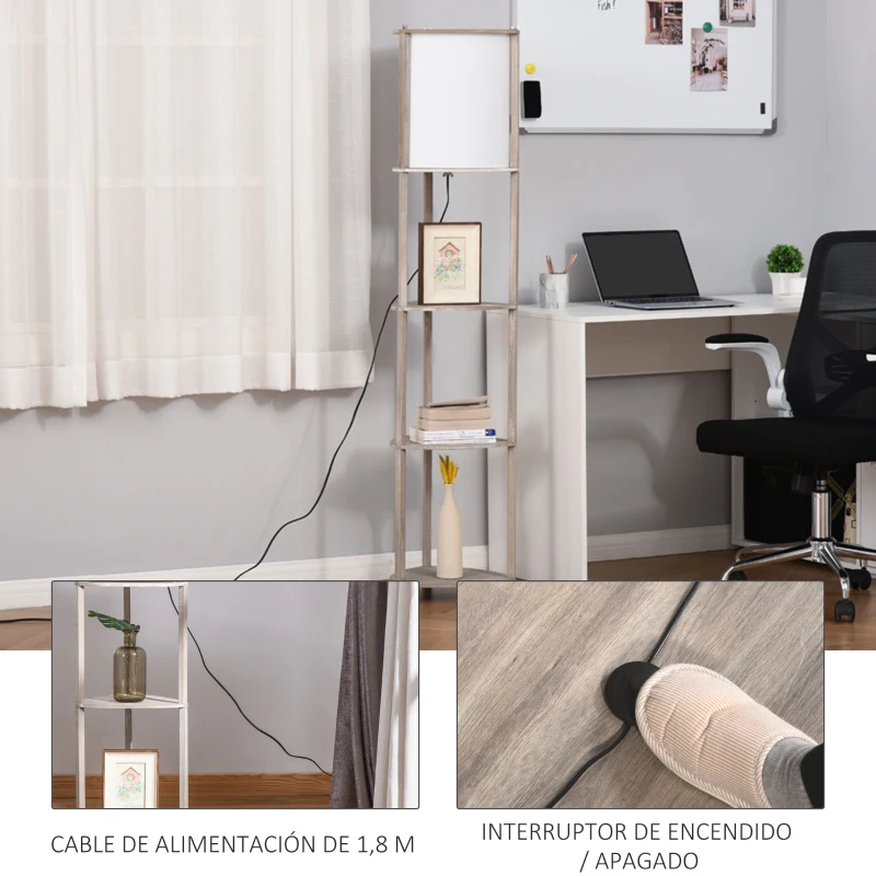 HOMCOM Lámpara de Pie de Madera con 3 Estantes Pantalla PVC Interruptor de Pie Estilo Moderno para Dormitorio Sala de Estar Salón Estudio 32x32x150 cm Roble Gris y Blanco