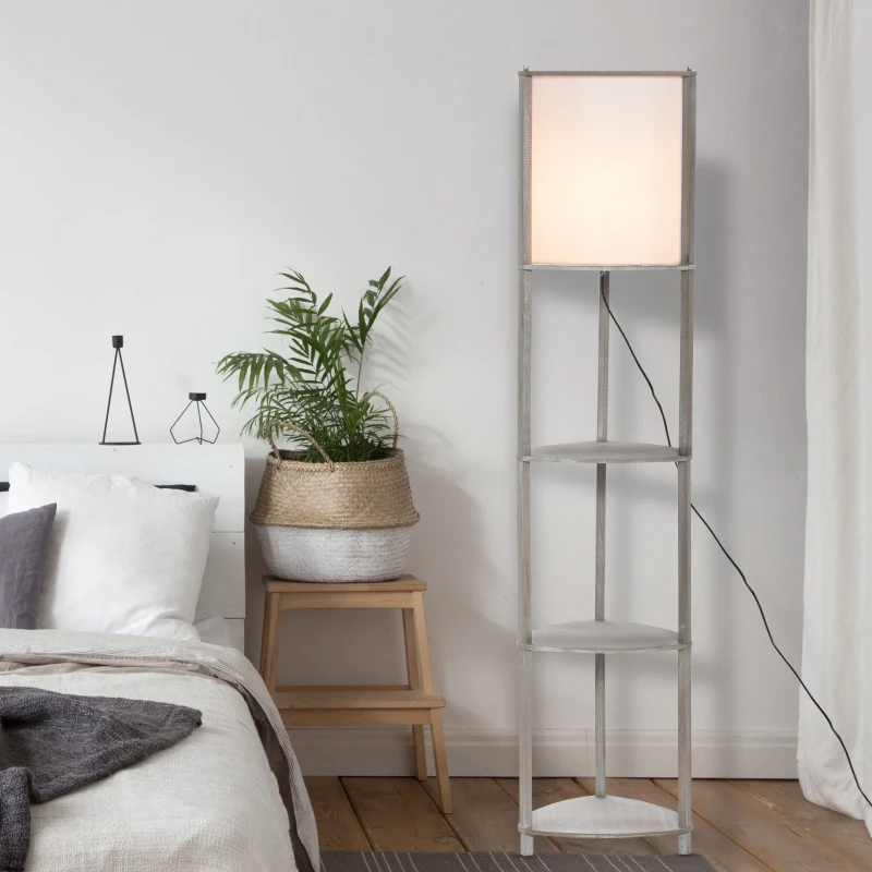 HOMCOM Lámpara de Pie de Madera con 3 Estantes Pantalla PVC Interruptor de Pie Estilo Moderno para Dormitorio Sala de Estar Salón Estudio 32x32x150 cm Roble Gris y Blanco