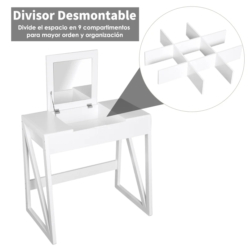 HOMCOM Tocador Mesa para Maquillaje con Taburete Espejo Tapa Abatible 9 Compartimientos de Almacenaje Tocador Moderno 80x50x76cm Blanco Madera