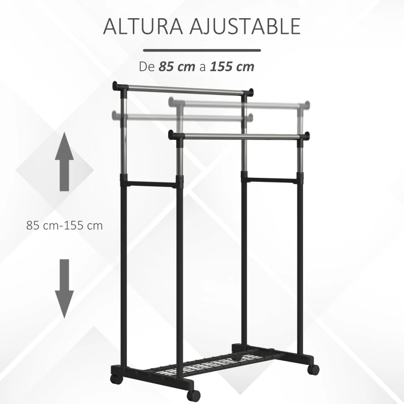HOMCOM Perchero Colgador de Ropa con Ruedas Universales Frenos Estante Inferior Acero Inoxidable Tubo Metálico Estable 43x80x85-155 cm Negro