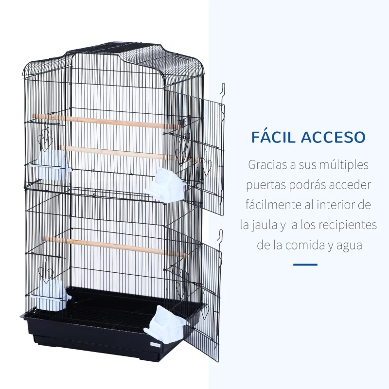 PawHut Jaula para Pájaros Pajarera con 2 Puertas 4 Comederos y 3 Perchas Columpio Asa de Transporte para Loro Canario Periquito Marco Metálico 47,5x36x91 cm Negro