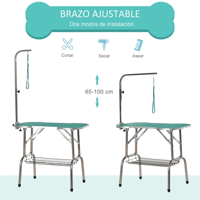 PawHut Mesa de Aseo para Mascotas Plegable Mesa Peluquería Canina Altura Ajustable Forma de Hueso con Cesta Caucho Acero 94,5x55,3x80,6 cm Verde