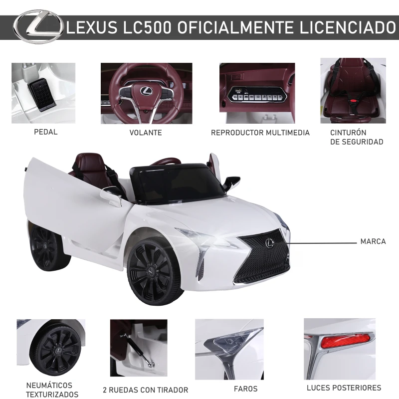 HOMCOM Coche Eléctrico para Niños +3 Años Automóvil LEXUS LC500 Control Remoto y Manual con Música Bocina y Faros Soporta Máx.30 kg 106x63x44cm Blanco