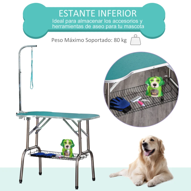 PawHut Mesa de Aseo para Mascotas Plegable Mesa Peluquería Canina Altura Ajustable Forma de Hueso con Cesta Caucho Acero 94,5x55,3x80,6 cm Verde