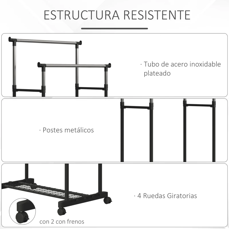 HOMCOM Perchero Colgador de Ropa con Ruedas Universales Frenos Estante Inferior Acero Inoxidable Tubo Metálico Estable 43x80x85-155 cm Negro
