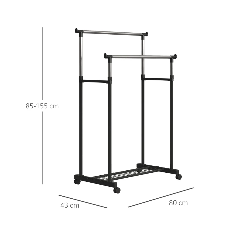 HOMCOM Perchero Colgador de Ropa con Ruedas Universales Frenos Estante Inferior Acero Inoxidable Tubo Metálico Estable 43x80x85-155 cm Negro