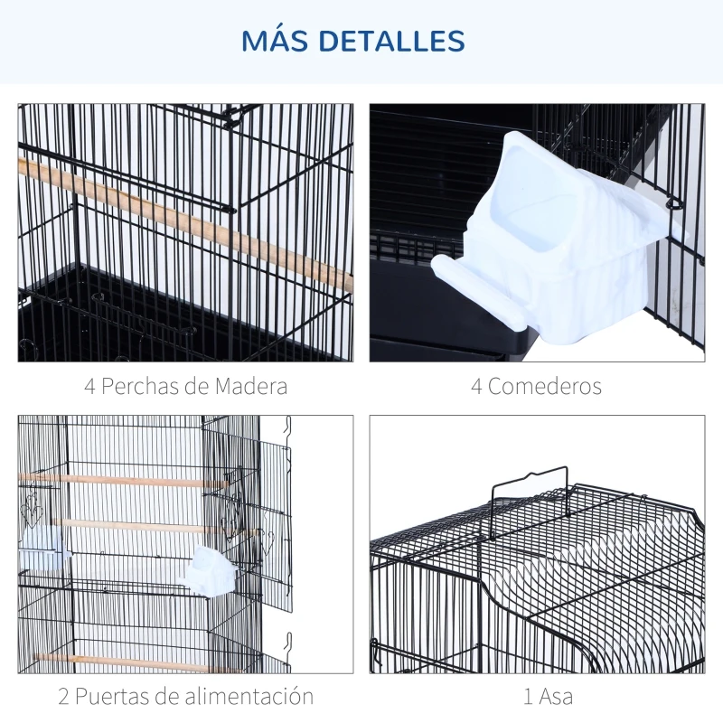 PawHut Jaula para Pájaros Pajarera con 2 Puertas 4 Comederos y 3 Perchas Columpio Asa de Transporte para Loro Canario Periquito Marco Metálico 47,5x36x91 cm Negro