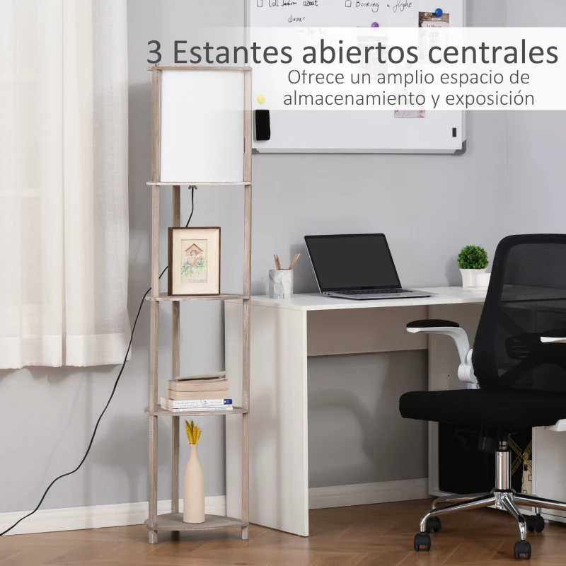 HOMCOM Lámpara de Pie de Madera con 3 Estantes Pantalla PVC Interruptor de Pie Estilo Moderno para Dormitorio Sala de Estar Salón Estudio 32x32x150 cm Roble Gris y Blanco