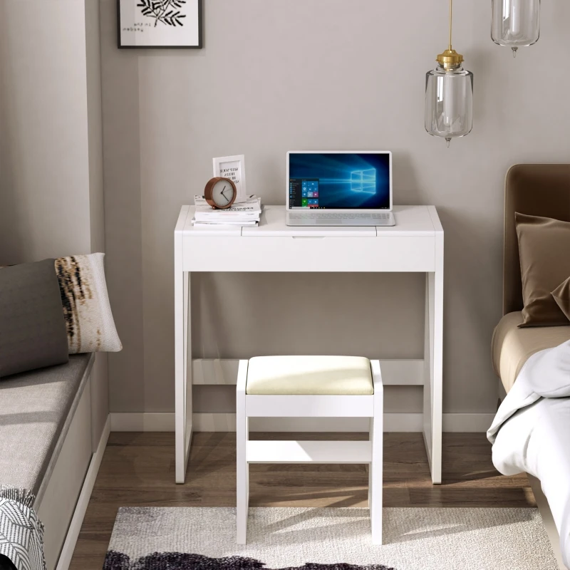 HOMCOM Tocador Mesa para Maquillaje con Taburete Espejo Tapa Abatible 9 Compartimientos de Almacenaje Tocador Moderno 80x50x76cm Blanco Madera