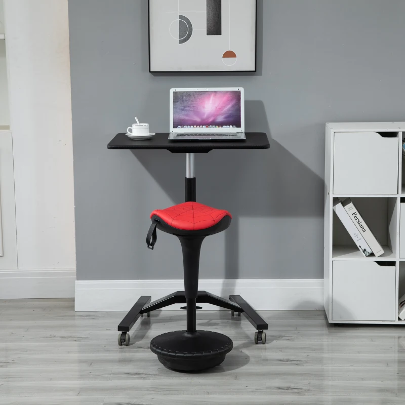HOMCOM Sgabello Basculante con Seduta a Sella di Cavallo Rossa e Base Oscillante 360°, per Ufficio, 38x38x65.5-83.5cm