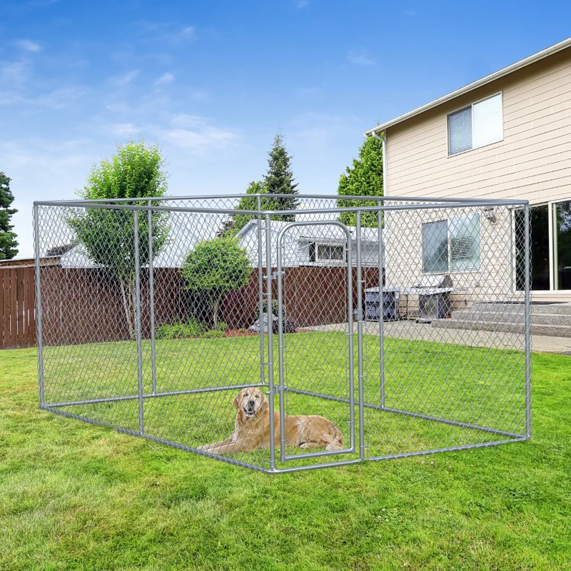 PawHut Kennel per Cani da Esterno in Metallo Galvanizzato e Porta con Blocco, Recinto per Animali 400x230x182cm Argento