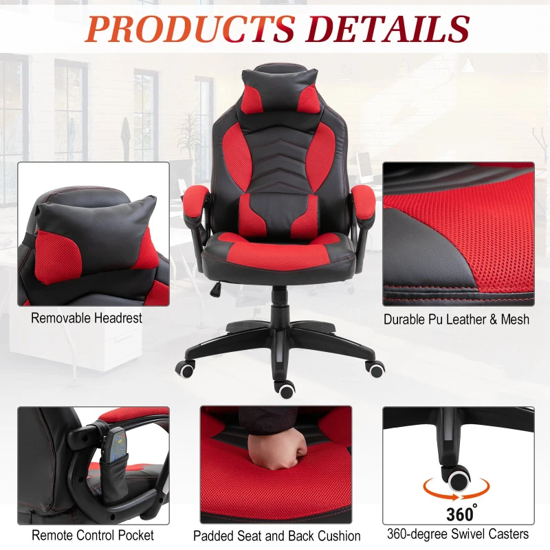 Homcom Poltrona da Ufficio Massaggiante e Riscaldante, Rosso e Nero, 68x69x108-117cm