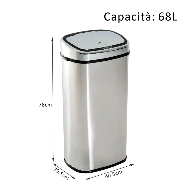 HOMCOM Pattumiera Cestino dei Rifiuti in Acciaio Inox con Sensore a Infrarossi 68L, Rettangolare, Argento