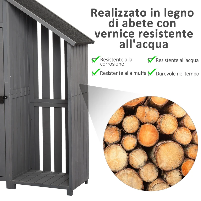 Outsunny Casetta Porta Attrezzi da Giardino in Legno di Abete Impermeabile con Ripiani e Legnaia, Grigia 129x51.5x180cm