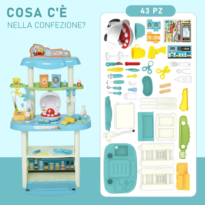 HOMCOM Set Giocattolo Dentista & Veterinario con 43 Accessori Inclusi per Bambini +3 Anni, Azzurro, 50x32x86cm