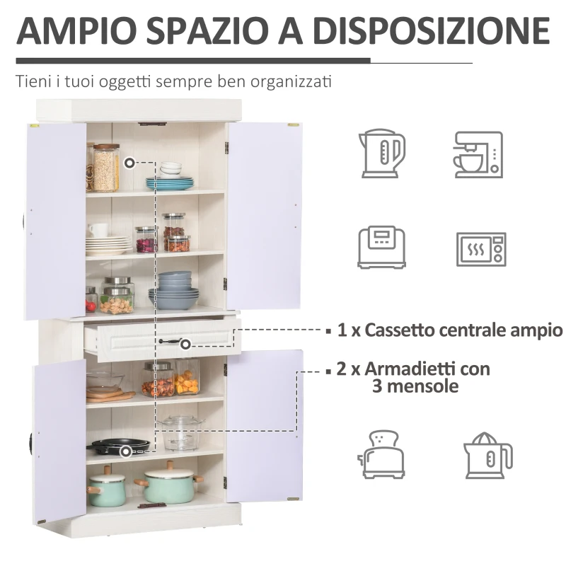 HOMCOM Credenza Cucina con 2 Armadietti e Cassetto, Mobile Dispensa Stile Coloniale in Legno, 80x35x180cm Avorio