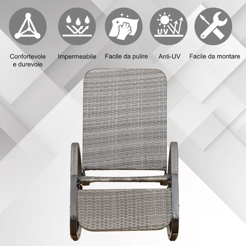 Outsunny Sedia a Dondolo da Giardino in PE Rattan Grigia, Reclinabile e Pieghevole con Poggiapiedi Estraibile