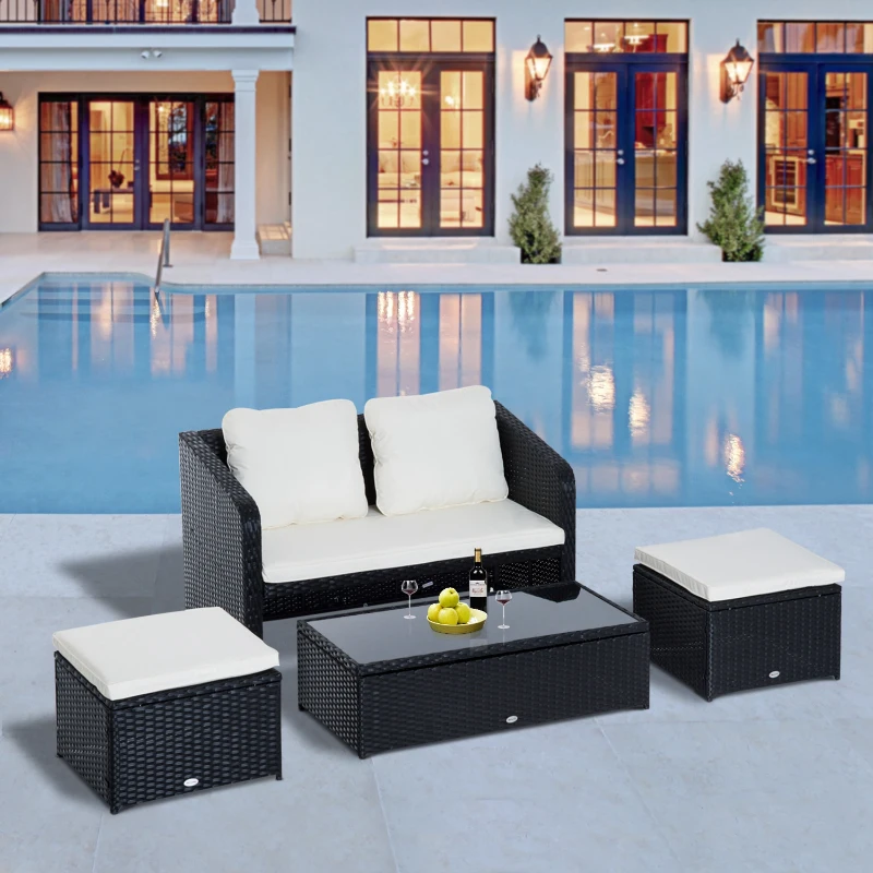 Outsunny Set Mobili da Giardino Set Divano Pouf e Tavolino con Cuscino 4pz Poly Rattan