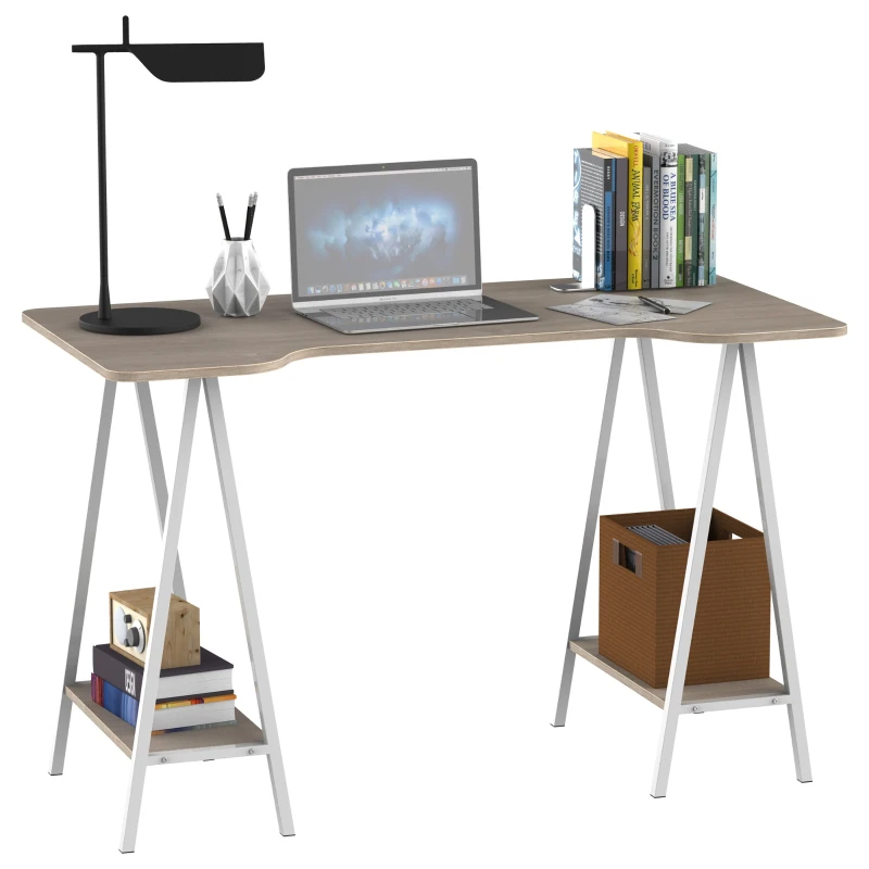 HOMCOM Scrivania da Ufficio in Legno con 2 Mensole, Design Moderno e Telaio in Metallo Bianco, 120x60x76cm