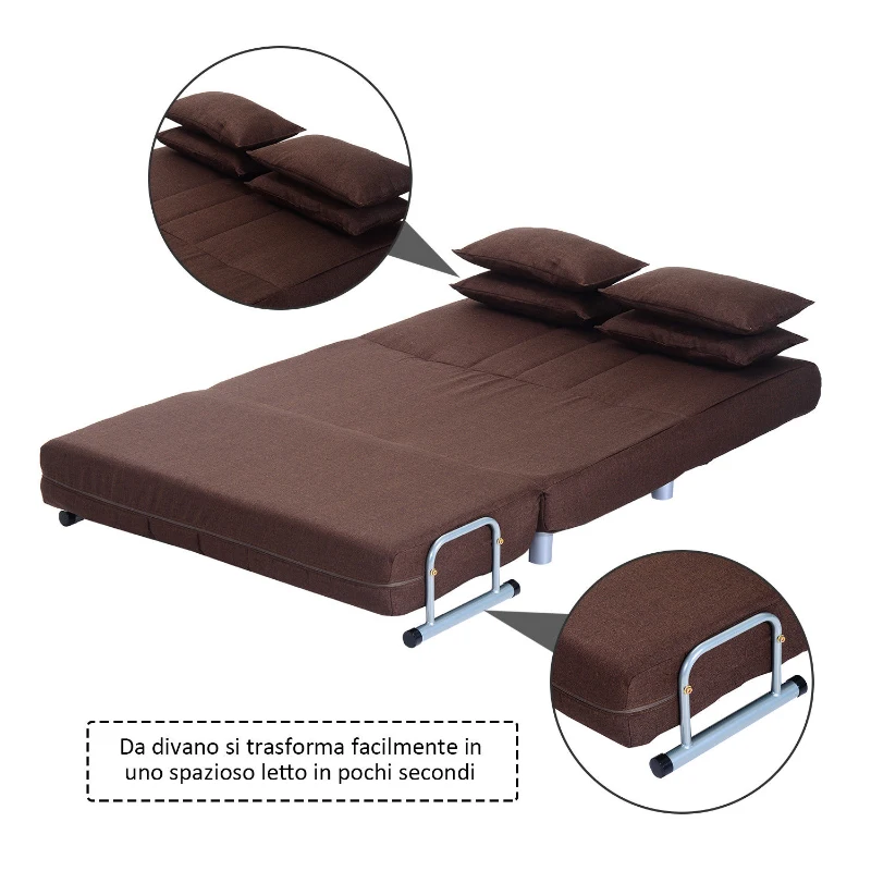 HOMCOM Divano Letto Matrimoniale in Acciaio e Tessuto di Poliestere con 4 Cuscini, Marrone