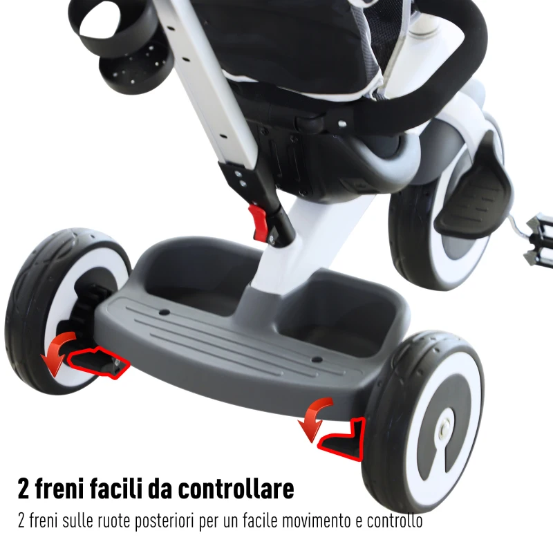 Homcom Triciclo Passeggino per Bambini con Maniglione e Tettuccio, Grigio Scuro
