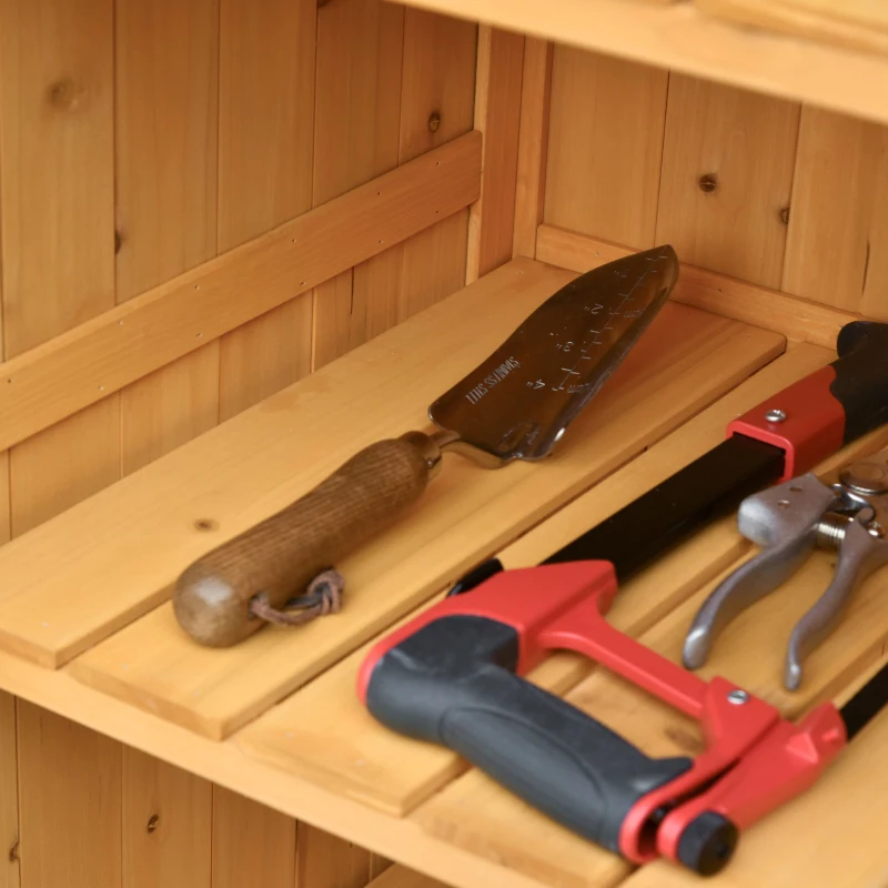 Outsunny Caseta de Jardín de Madera con 2 Puertas 138x54,5x175 cm Cobertizo de Almacenaje Herramientas Techo Asfáltico Estantes Ganchos para Exterior Madera Natural