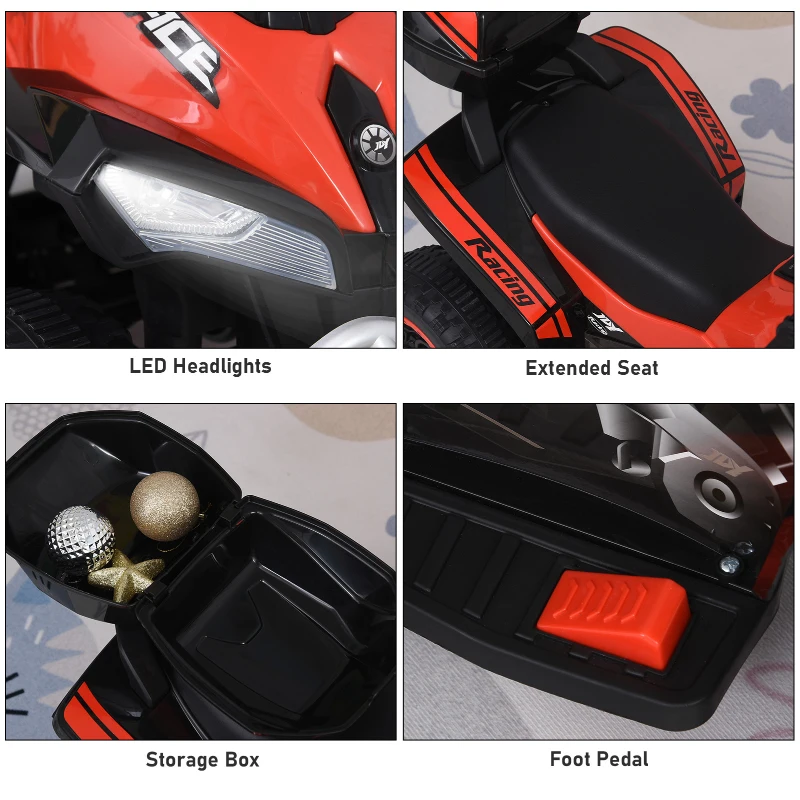 HOMCOM Quad Elettrico per Bambini con Motore 6V, Velocità Massima 5 km/h, Musica e Fanali Funzionanti, Rosso
