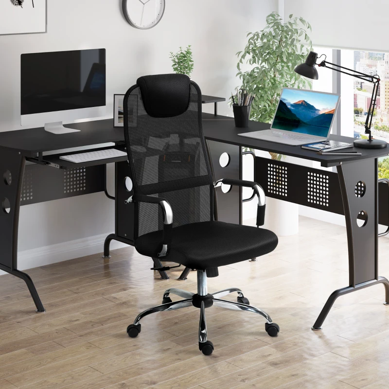 Vinsetto Silla de Oficina Ergonómica Silla de Escritorio Basculante y Giratoria con Altura Ajustable del Asiento con Reposacabezas y Respaldo Alto Malla 65,5x62,5x117-127 cm Negro