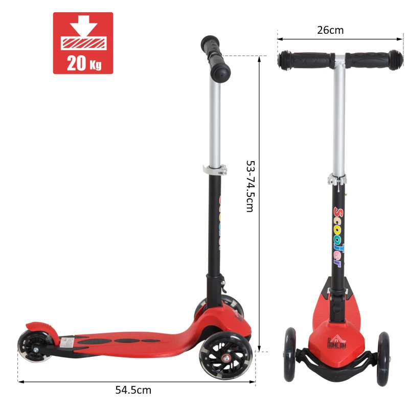 Homcom Monopattino per Bambini con 3 Ruote Fluo e Freno, Rosso