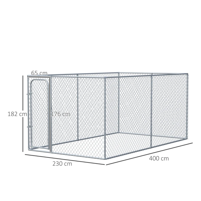 PawHut Kennel per Cani da Esterno in Metallo Galvanizzato e Porta con Blocco, Recinto per Animali 400x230x182cm Argento