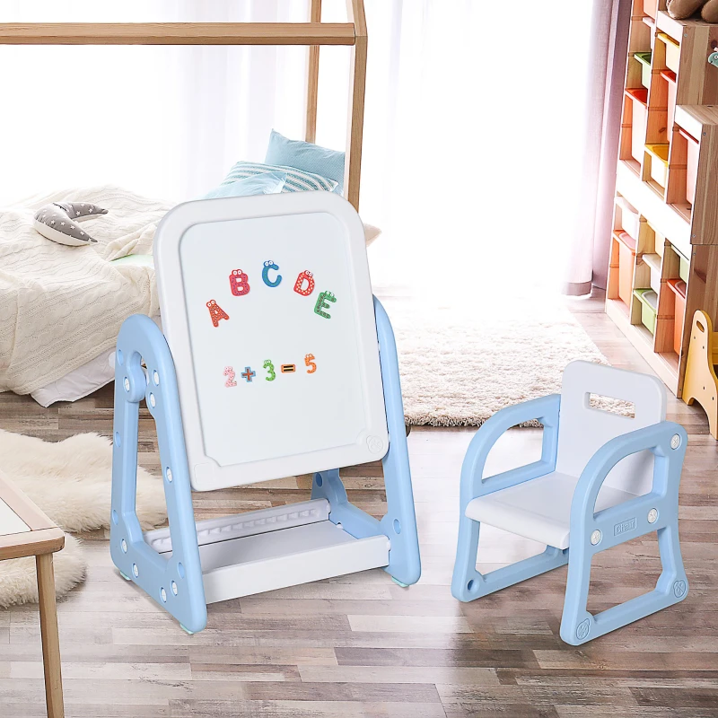 HOMCOM Grande Lavagnetta Magnetica per Bambini con Sedia, Lettere, Numeri, Pennarelli e Accessori per Studiare, Bianca