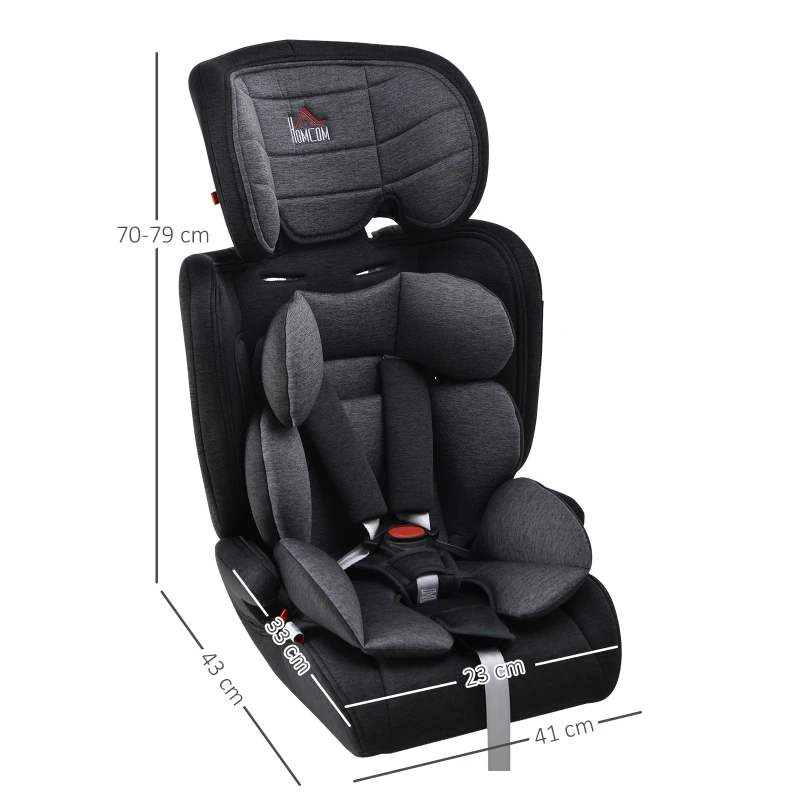 HOMCOM Seggiolino Auto 0-36kg, Bambini Gruppo 1,2,3 Età 3-12 Anni, con Cintura di Sicurezza, Nero e Grigio 43 x 41 x 70-79cm