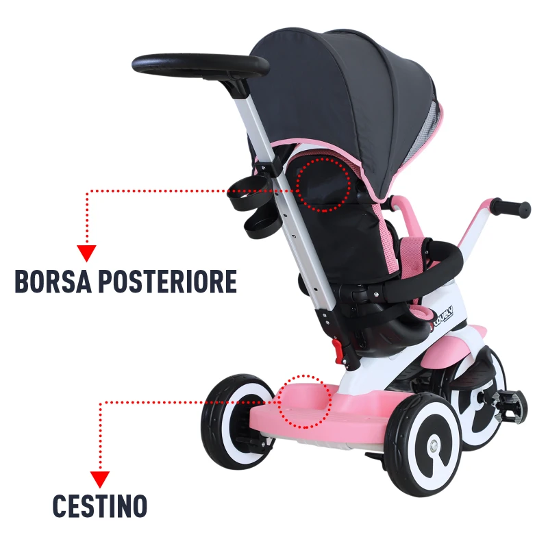 Homcom Triciclo Passeggino per Bambini con Maniglione e Tettuccio, Rosa
