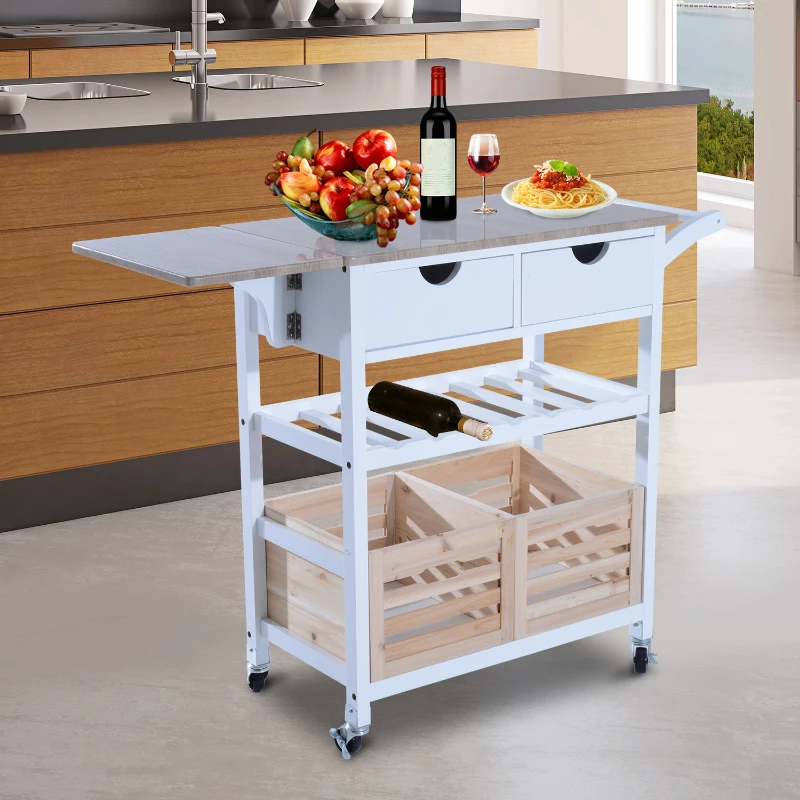 HOMCOM Carrello da Cucina Multifunzionale con 2 Ceste e Portabottiglie in Legno di Pino, Bianco, 70 x 40 x 86cm