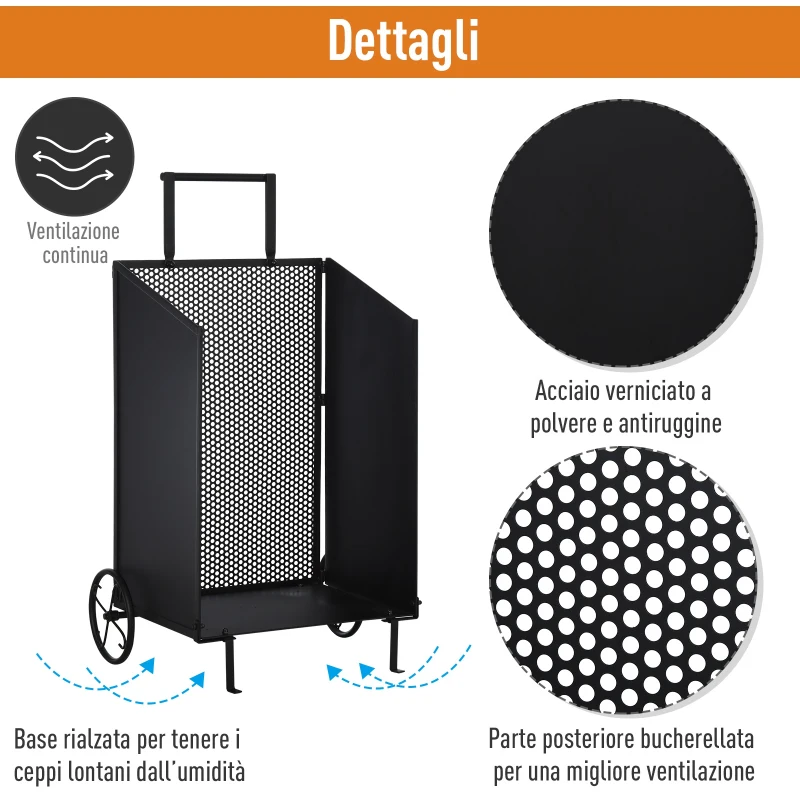 Outsunny Carrello Portalegna in Ferro Nero con 2 Ruote per Interni o Esterni