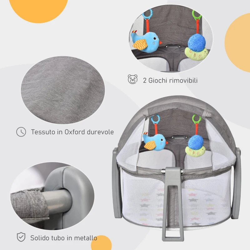 HOMCOM Box Neonati 0-12 Mesi Pieghevole con Borsa da Viaggio e Palestrina Grigio