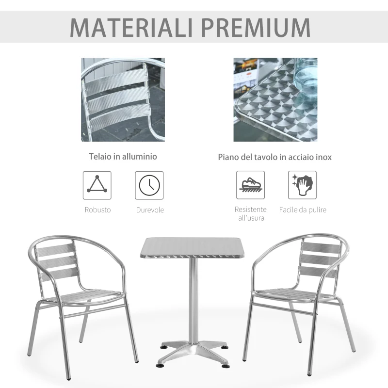 Outsunny Set Tavolino e Sedie da Giardino da 3 Pezzi, Arredamento da Giardino in Alluminio e Acciaio Inox, Argento