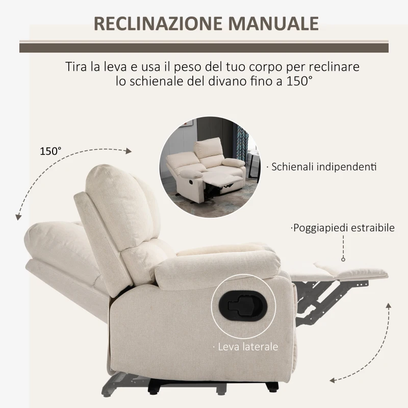 HOMCOM Divano 2 Posti Moderno in Tessuto Beige con Schienale Reclinabile e Recliner Manuale, 134x92x97cm